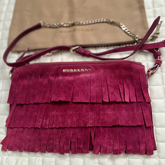 Burberry Peyton Suede Magenta Fringe Crossbody Bag - Picture 3 of 10